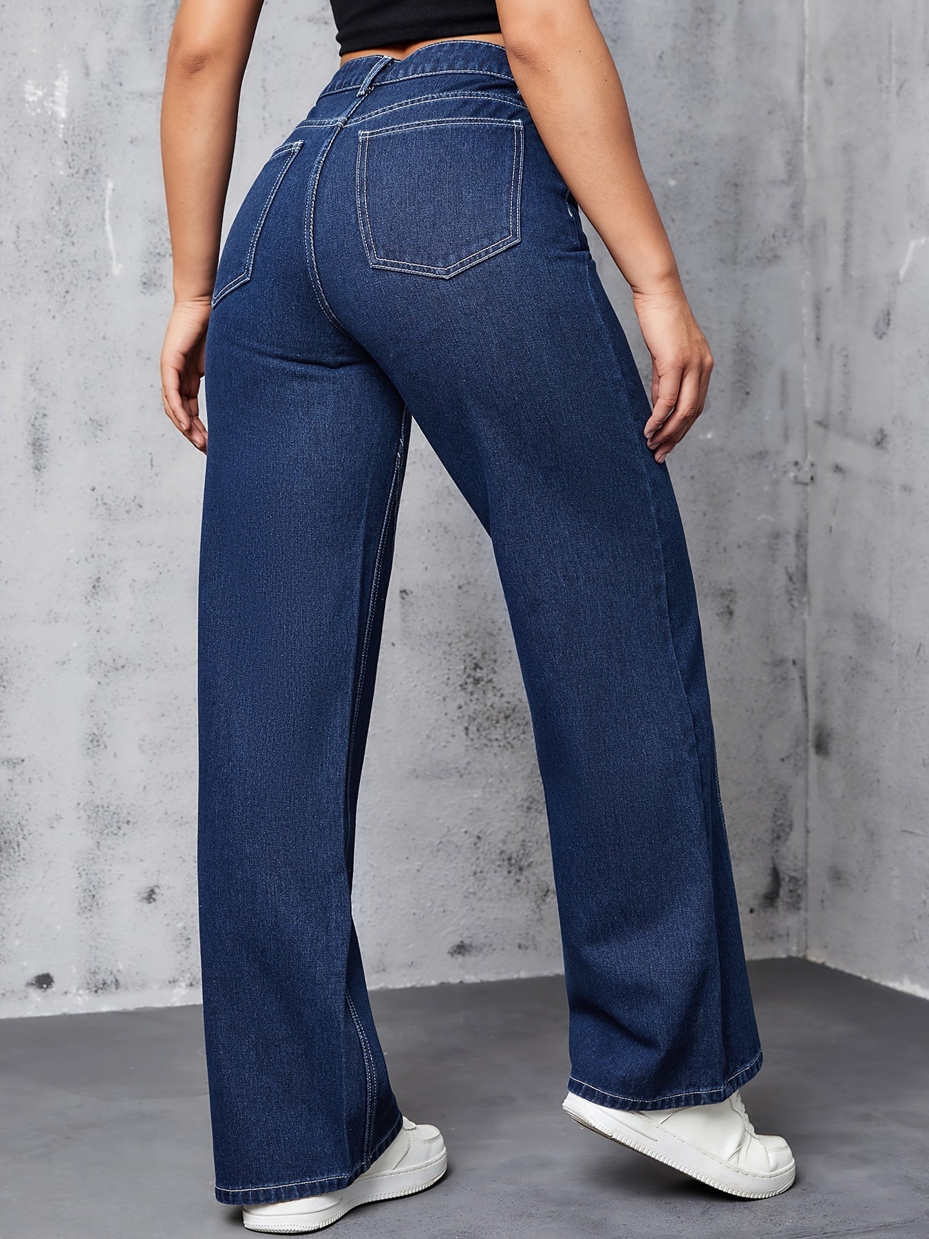 Dark Blue Stretch Denim High-Waist Wide-Leg Jeans - Casual & Versatile, Machine Washable, Slant Pockets - Durable Denim, Women's, Versatile Clothing